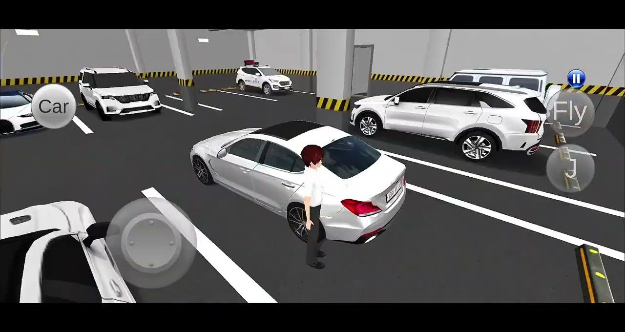 Male avatar standing beside a white sedan inside an underground parking garage with SUVs