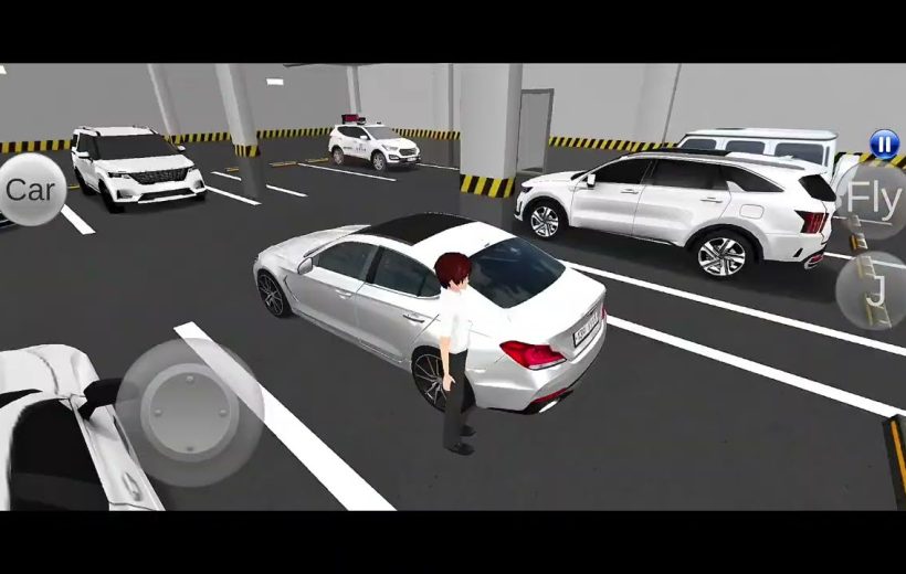 Male avatar standing beside a white sedan inside an underground parking garage with SUVs