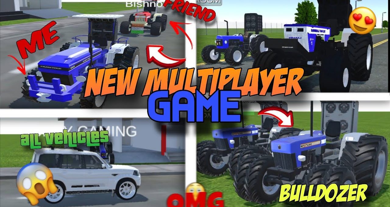 Multiplayer game thumbnail showing various blue tractors, a white SUV, and text overlays