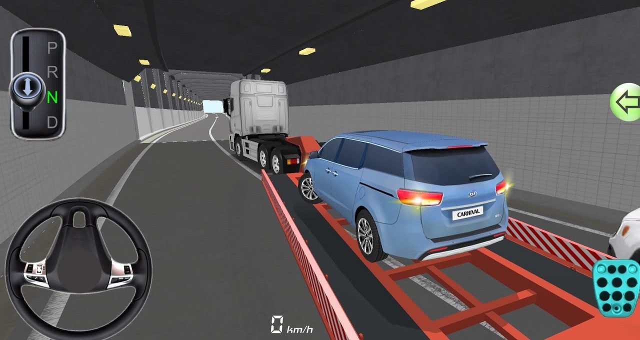Blue Kia Carnival car loaded on red tow truck platform inside tunnel roadway