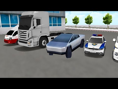 Row of parked vehicles including truck, futuristic sedan, and police car at lot