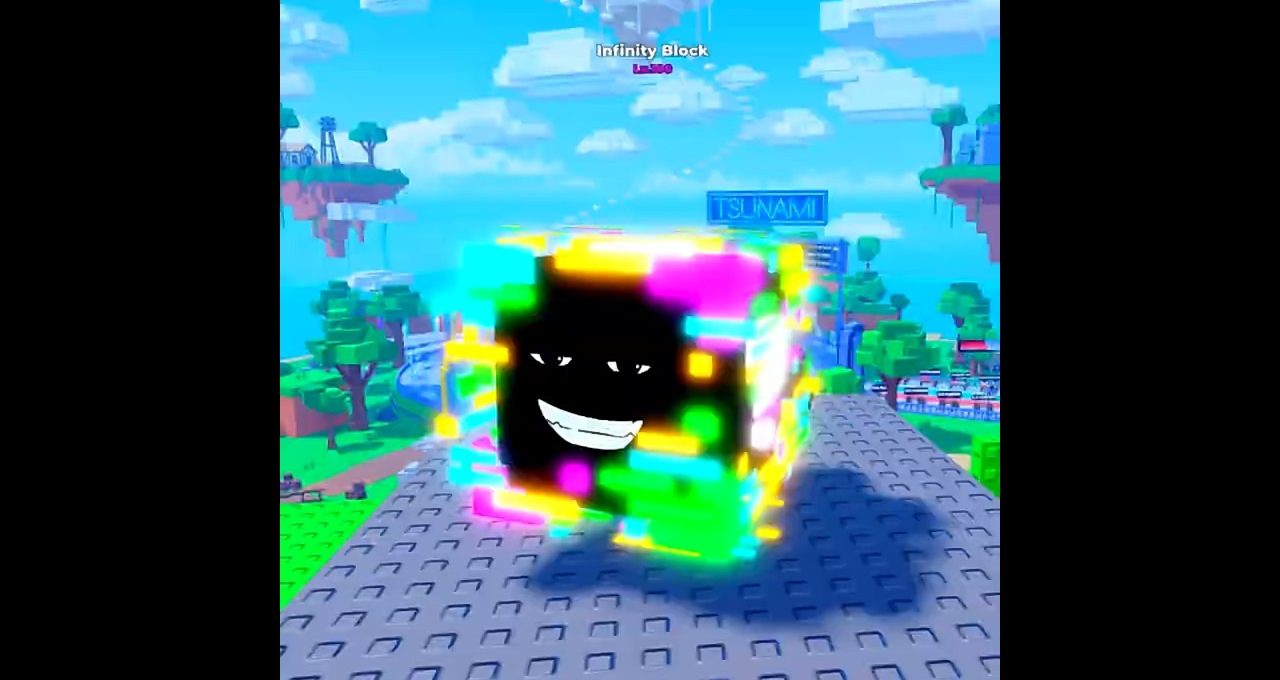 Colorful glowing cube with a grinning black face floating over a blocky landscape