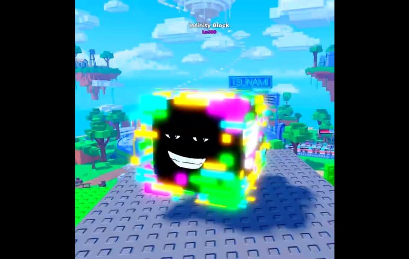 Colorful glowing cube with a grinning black face floating over a blocky landscape