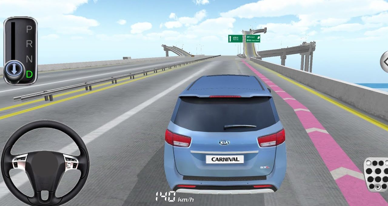 Blue Kia Carnival driving on elevated highway with pink lane guidance and speedometer.