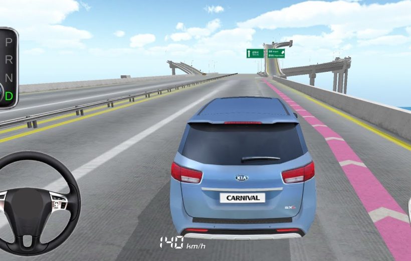 Blue Kia Carnival driving on elevated highway with pink lane guidance and speedometer.