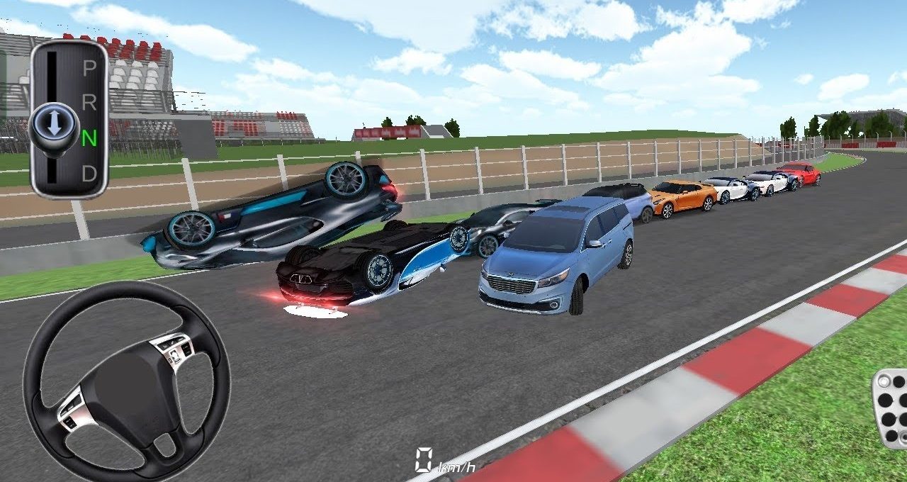Multiple cars parked and two overturned racing cars on a track during simulation