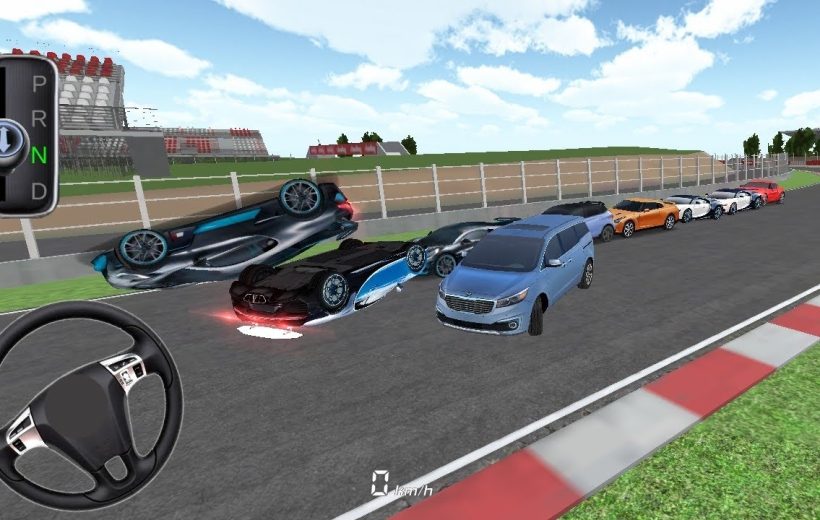 Multiple cars parked and two overturned racing cars on a track during simulation