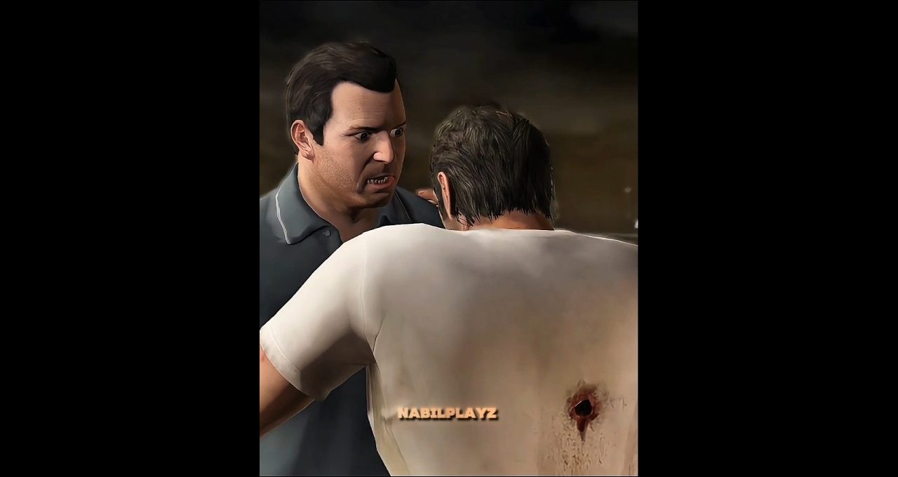 Two men in a tense confrontation, one with a bloody gunshot wound in his back