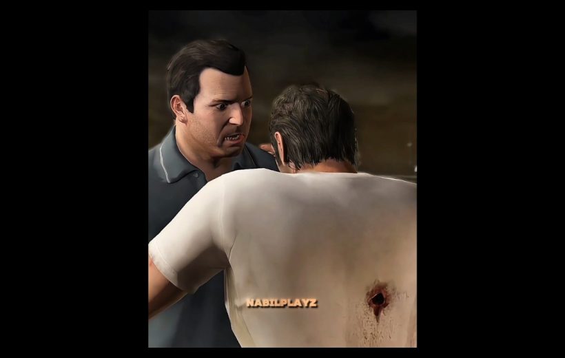 Two men in a tense confrontation, one with a bloody gunshot wound in his back
