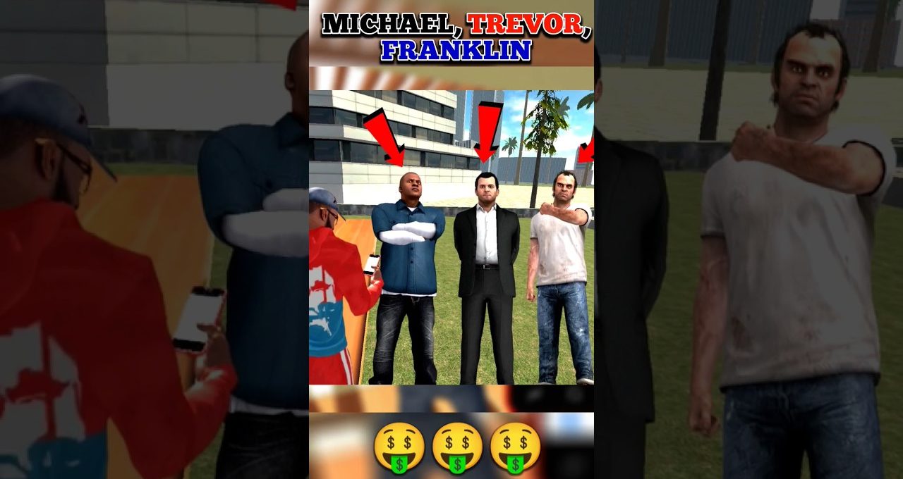 Three GTA V characters Michael, Trevor, and Franklin standing outdoors with arrows