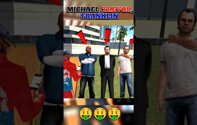 Three GTA V characters Michael, Trevor, and Franklin standing outdoors with arrows