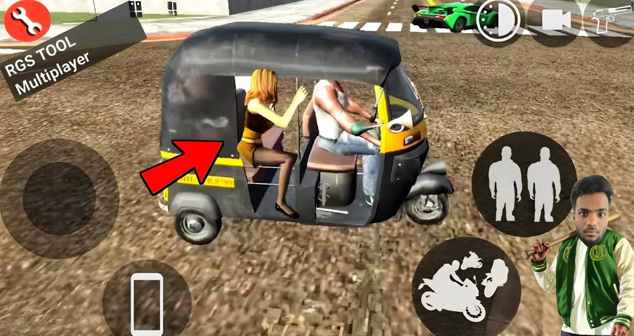 Animated autorickshaw with driver and female passenger in a sandbox-style driving game interface