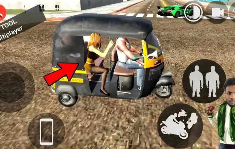 Animated autorickshaw with driver and female passenger in a sandbox-style driving game interface
