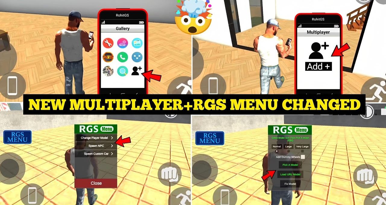 Game tutorial collage showing in-game smartphone and RGS multiplayer menu screens.
