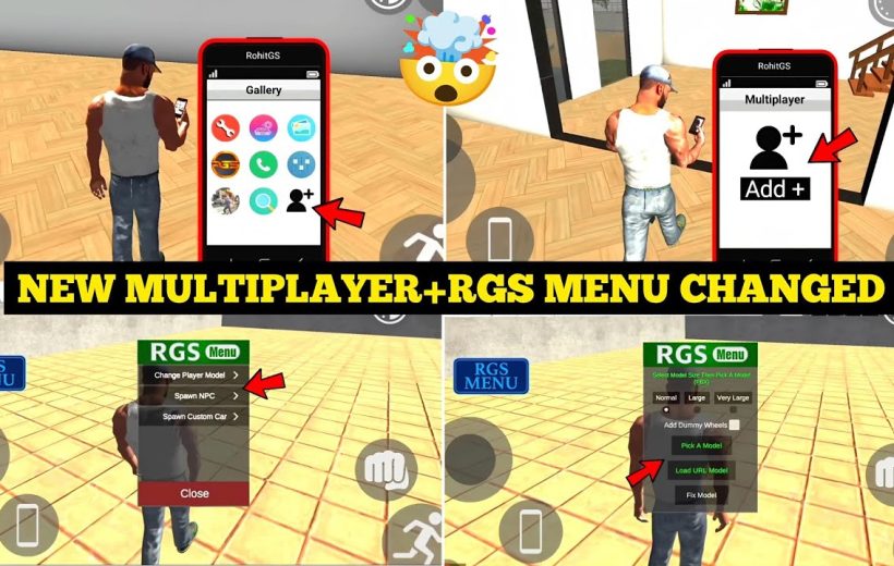 Game tutorial collage showing in-game smartphone and RGS multiplayer menu screens.