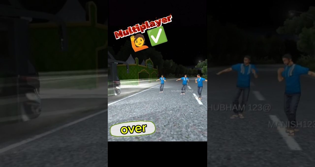 Three avatar characters dancing on a nighttime road in a multiplayer game scene