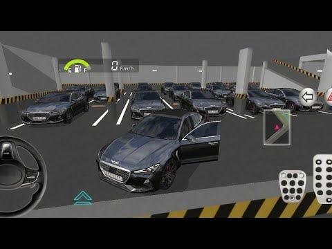 Dark gray sedan with open driver door parked among many identical cars in garage