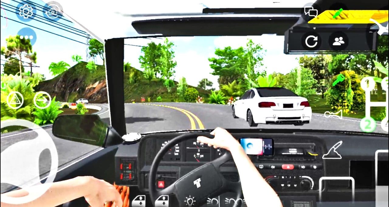 First-person view driving a car on a winding tree-lined road with another car ahead