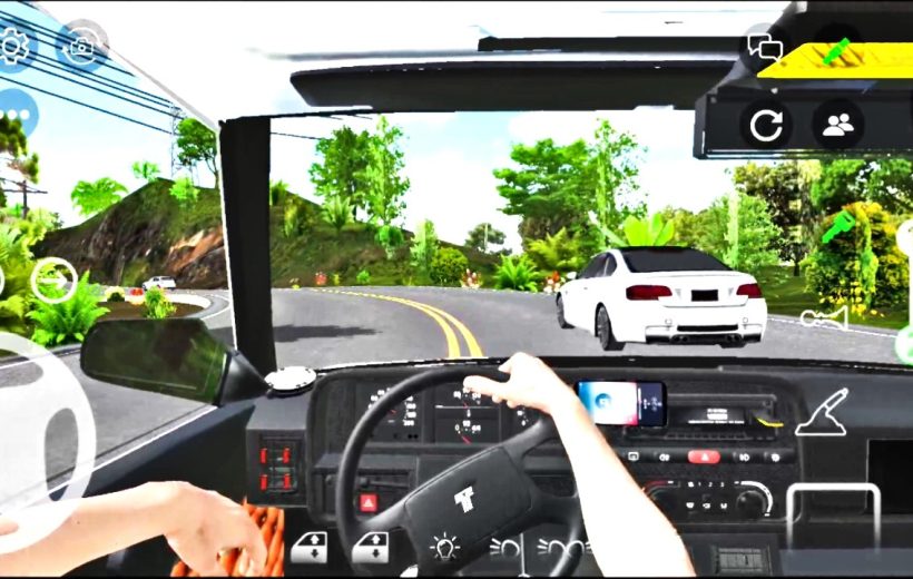 First-person view driving a car on a winding tree-lined road with another car ahead