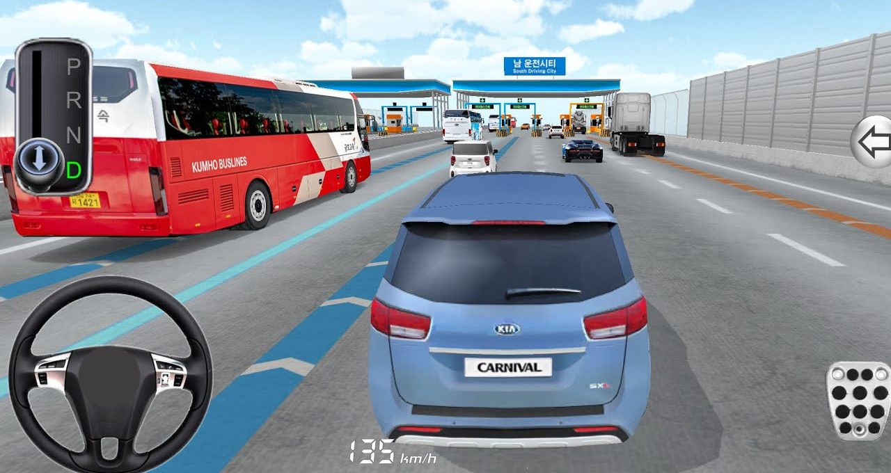 Third-person driving view behind a blue Kia Carnival approaching toll booths on highway
