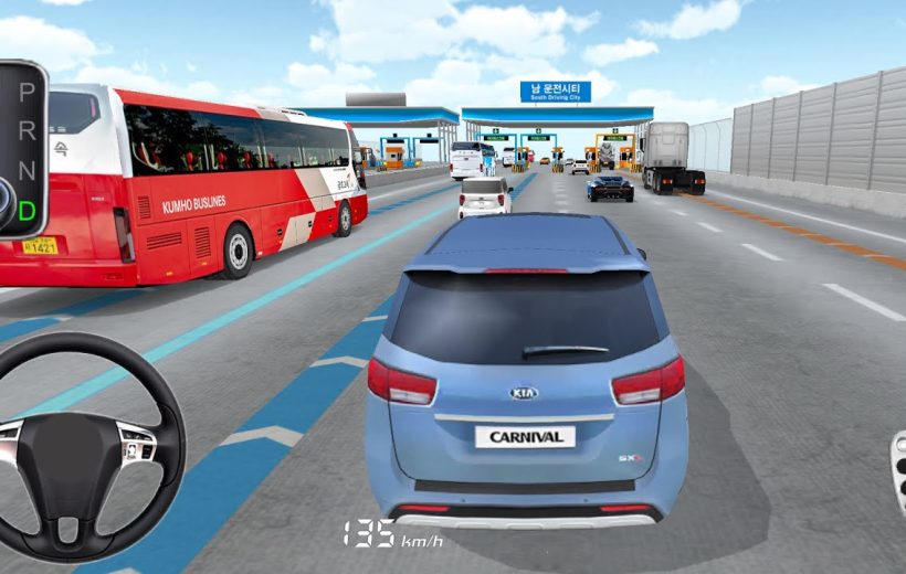 Third-person driving view behind a blue Kia Carnival approaching toll booths on highway