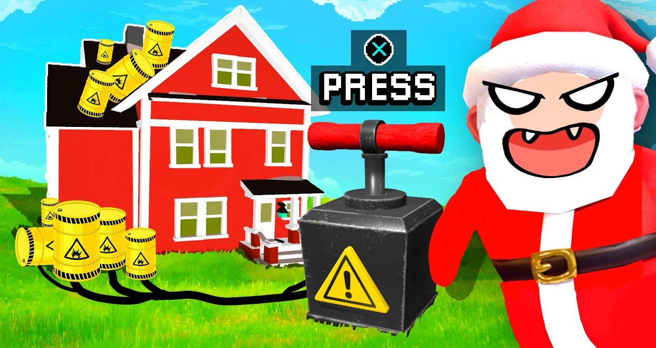 Angry cartoon Santa holding detonator linked to barrels and red house in field