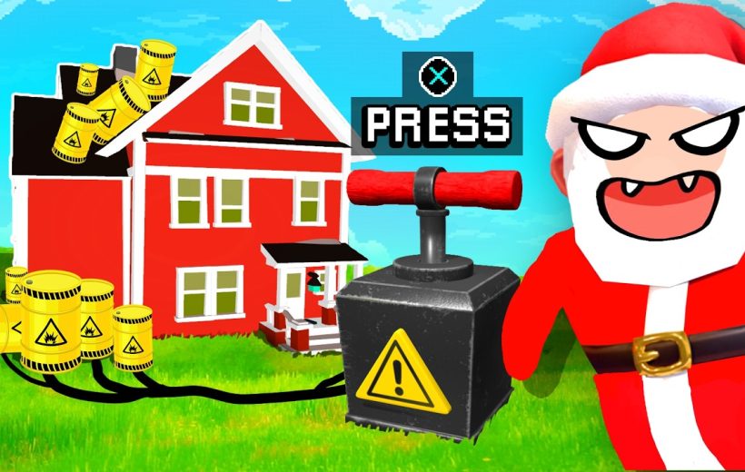 Angry cartoon Santa holding detonator linked to barrels and red house in field