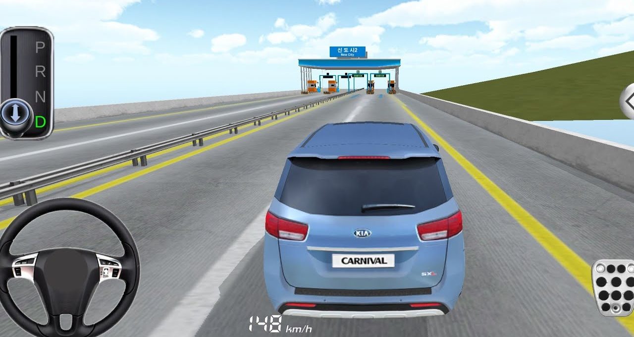 Blue Kia Carnival driving toward a toll plaza on a multi-lane highway simulation