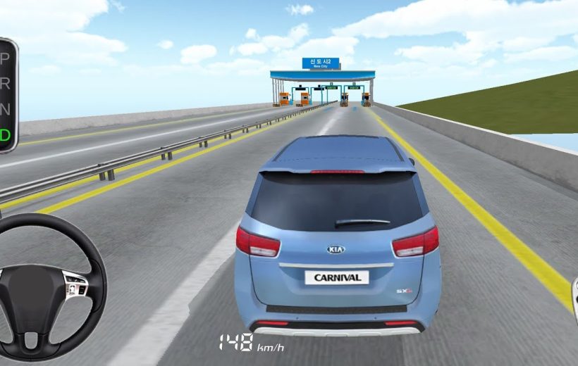 Blue Kia Carnival driving toward a toll plaza on a multi-lane highway simulation