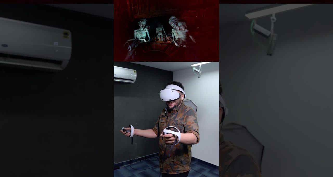 Man wearing VR headset and controllers playing a horror virtual reality game indoors