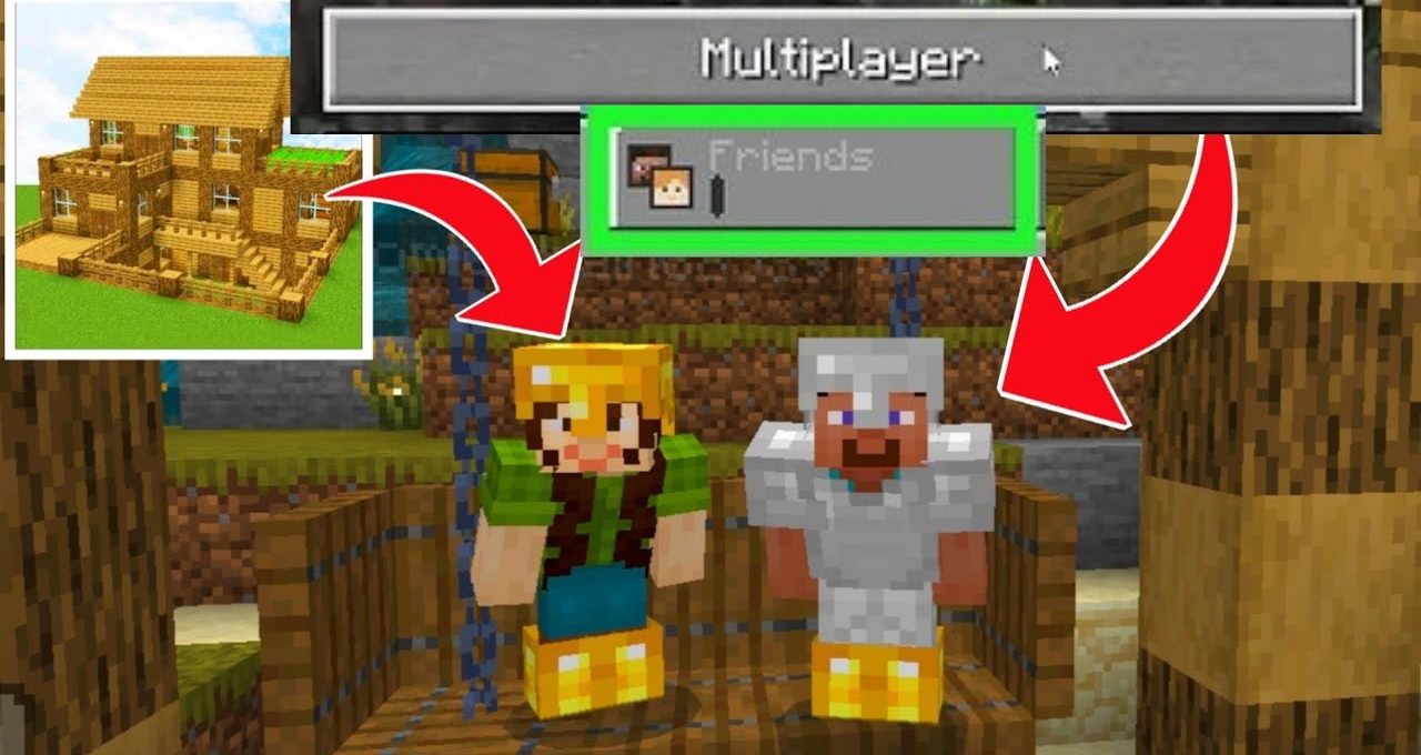 Two Minecraft avatars wearing armor standing on a wooden swing in multiplayer menu