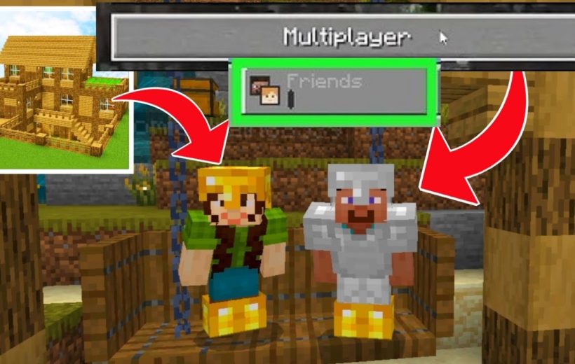 Two Minecraft avatars wearing armor standing on a wooden swing in multiplayer menu