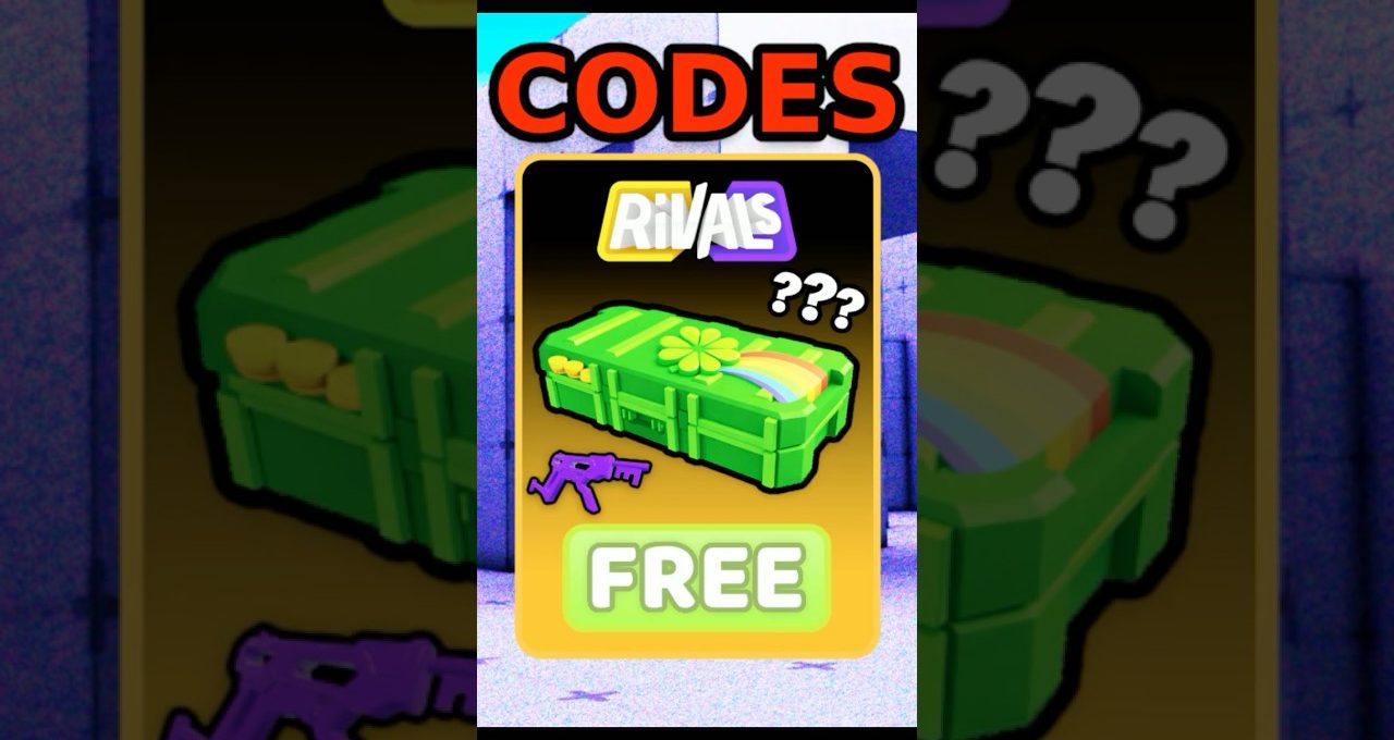 Bright game graphic showing a green loot crate, purple gun icon, and "FREE" text