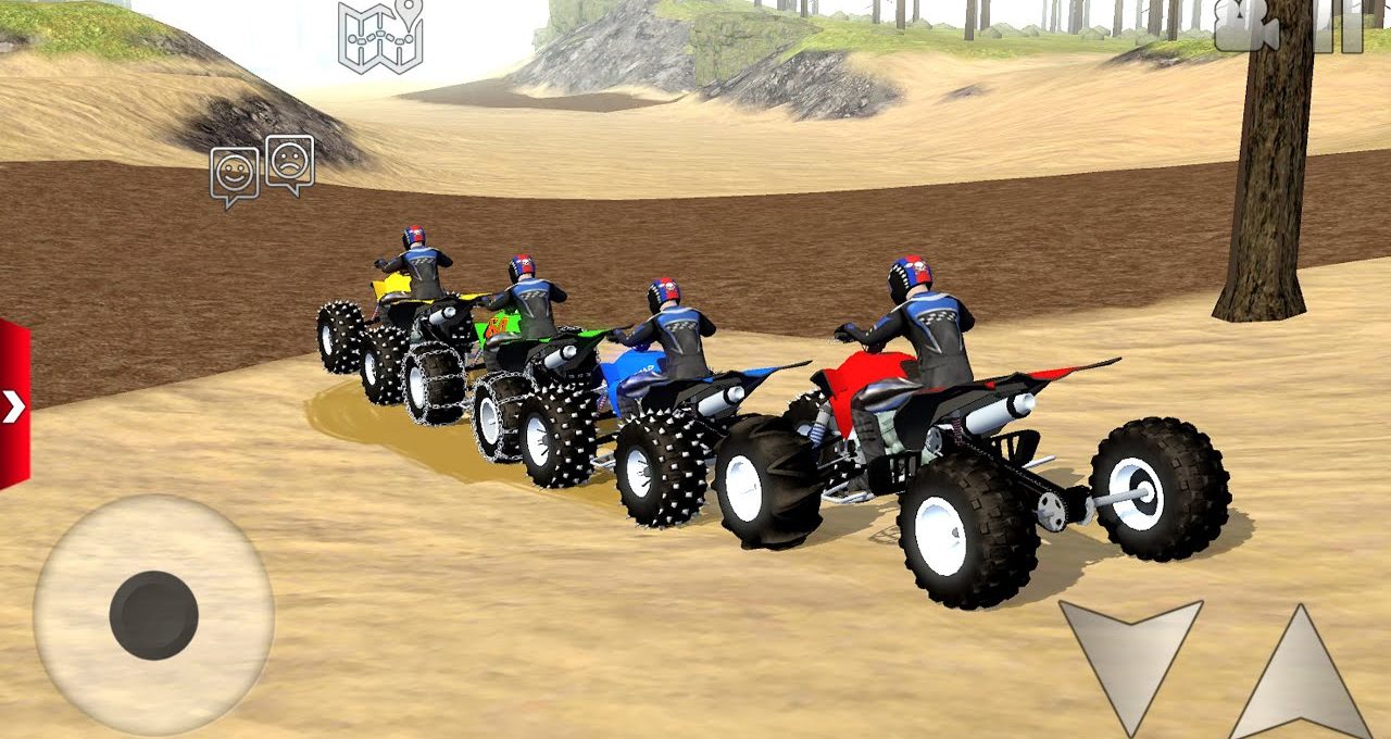 Five riders on colorful ATVs racing across a sandy off-road track in game