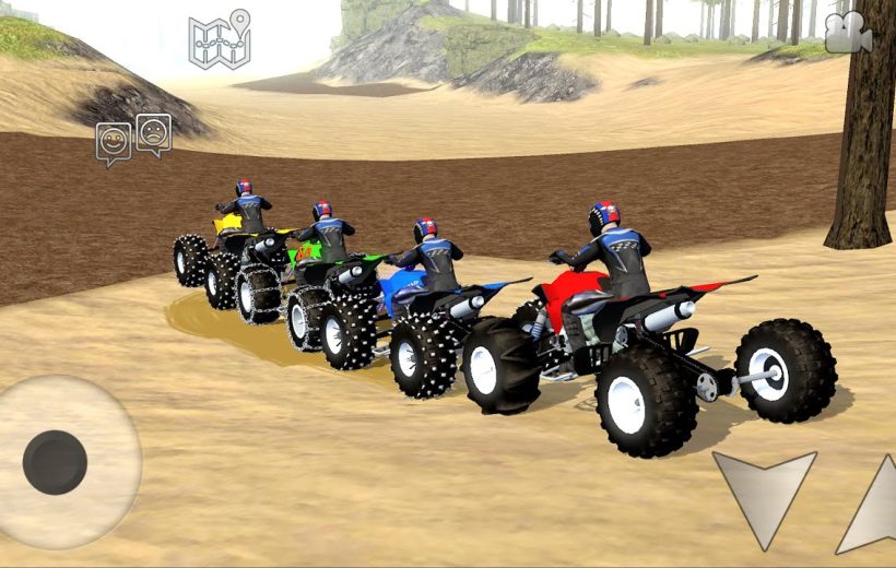 Five riders on colorful ATVs racing across a sandy off-road track in game