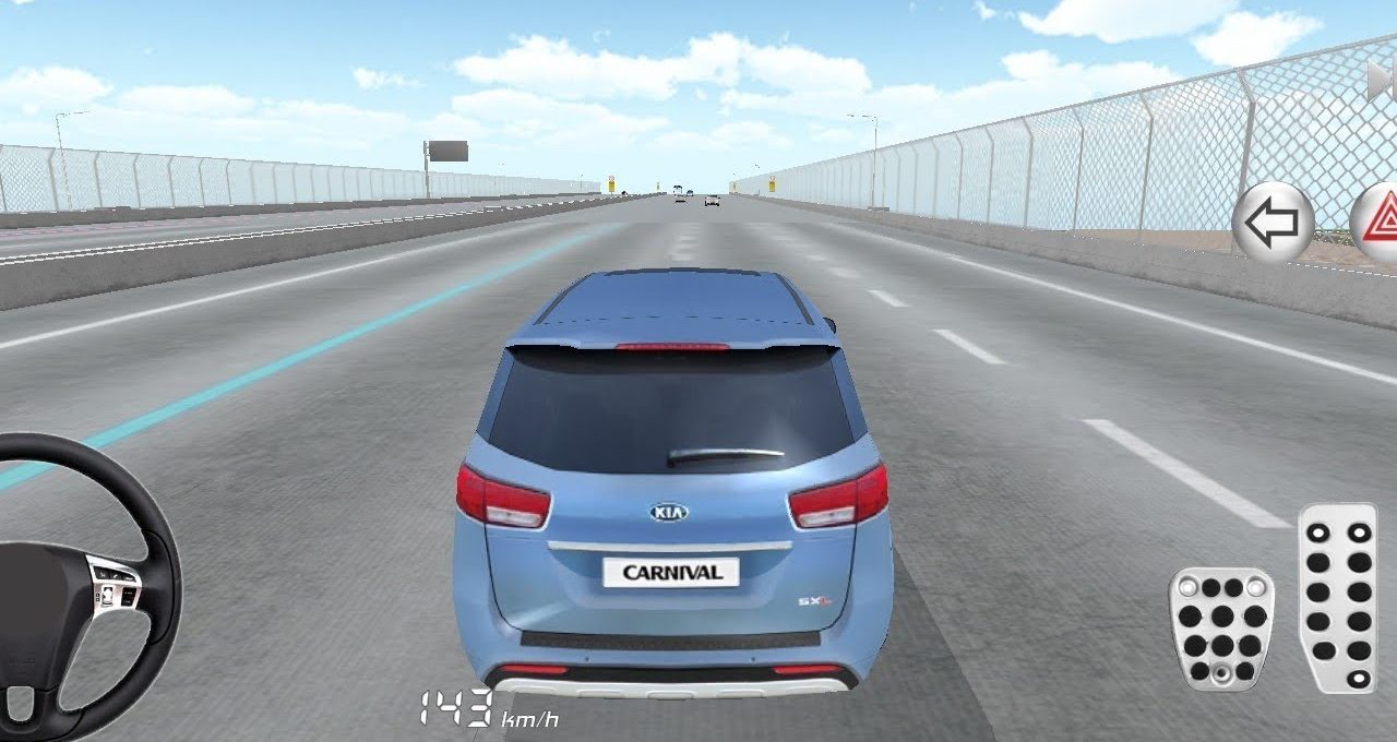 Blue Kia Carnival minivan driving on empty multi-lane highway in a driving game.