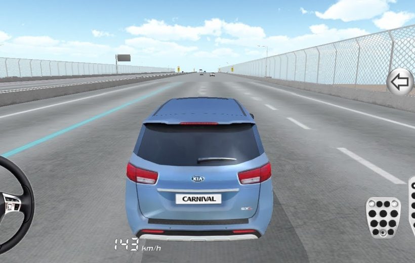 Blue Kia Carnival minivan driving on empty multi-lane highway in a driving game.