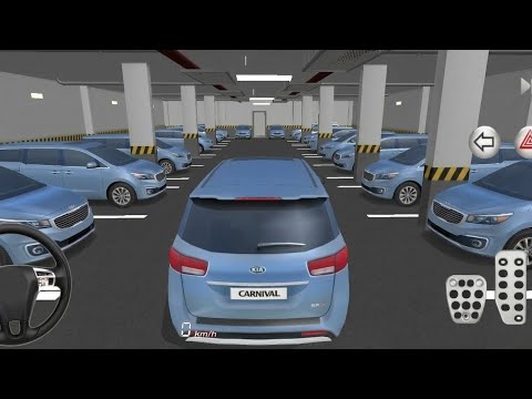 Blue Kia Carnival parked in crowded indoor parking garage between concrete pillars