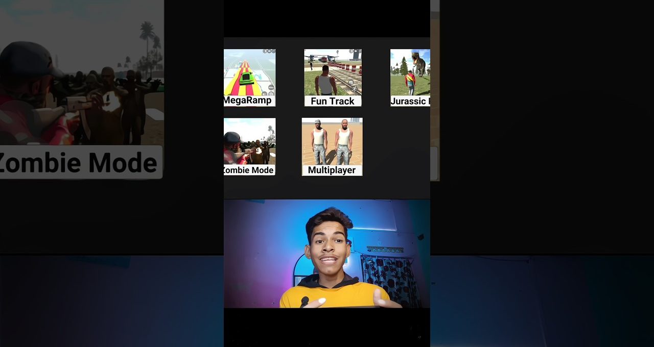 Young man smiling on camera below a game selection menu with thumbnails