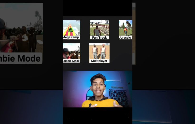 Young man smiling on camera below a game selection menu with thumbnails