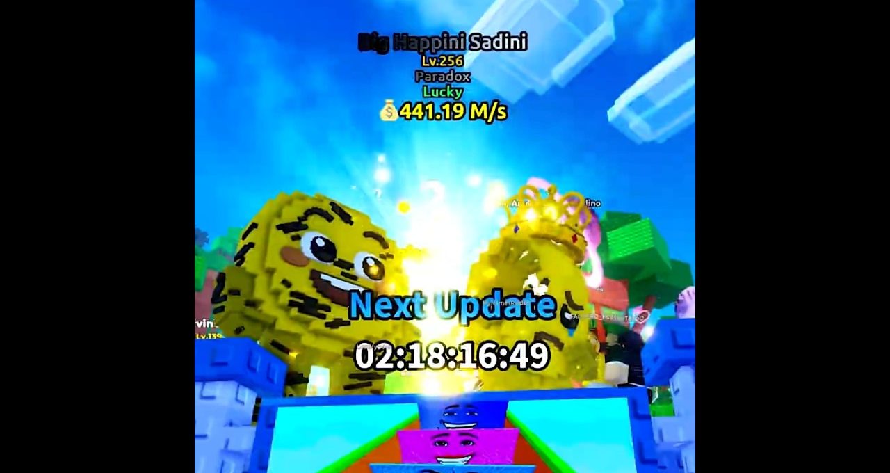 Bright Roblox game scene with smiling golden creatures and countdown for next update