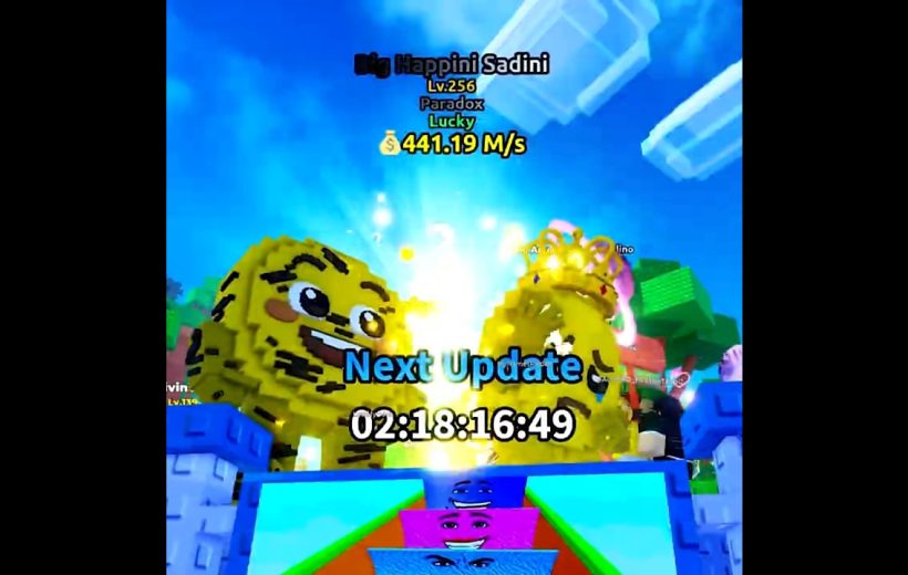 Bright Roblox game scene with smiling golden creatures and countdown for next update