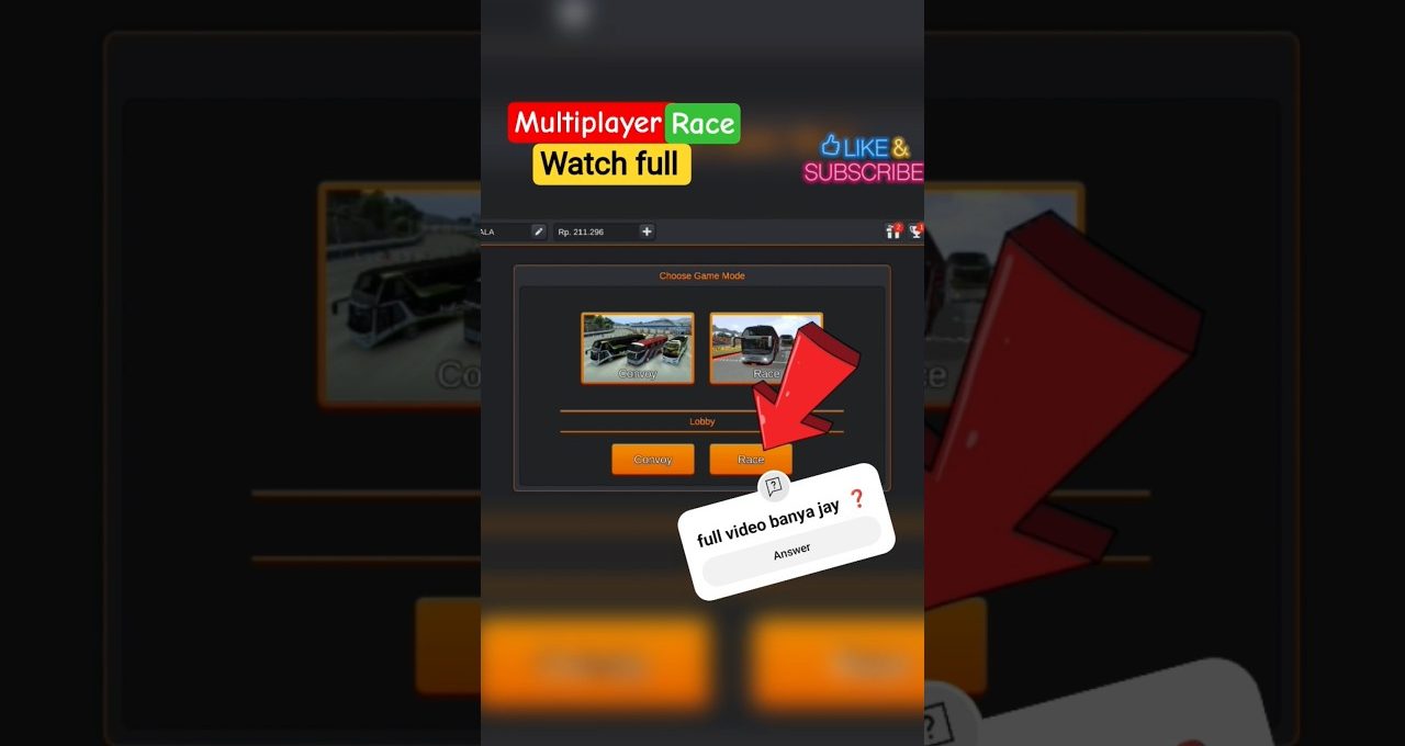 Game menu screen showing multiplayer race and convoy options with a large red arrow.