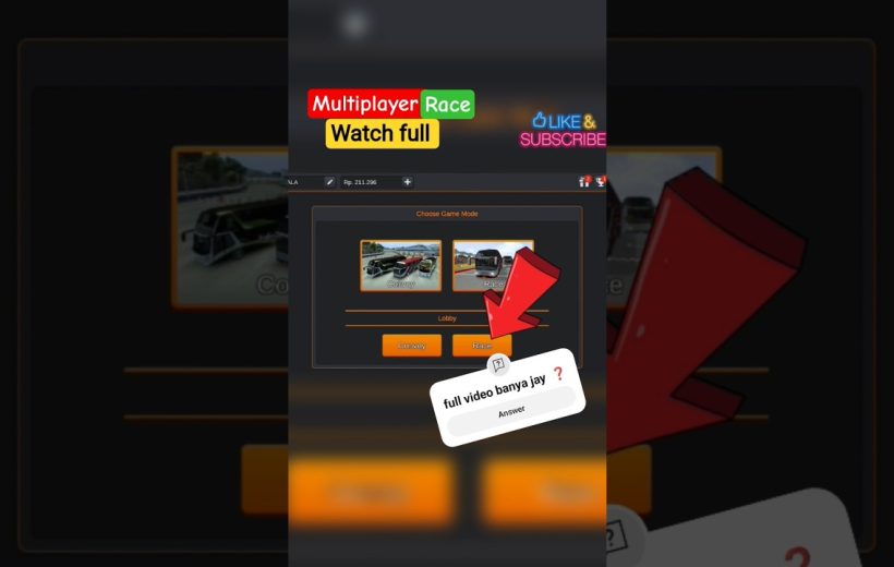 Game menu screen showing multiplayer race and convoy options with a large red arrow.