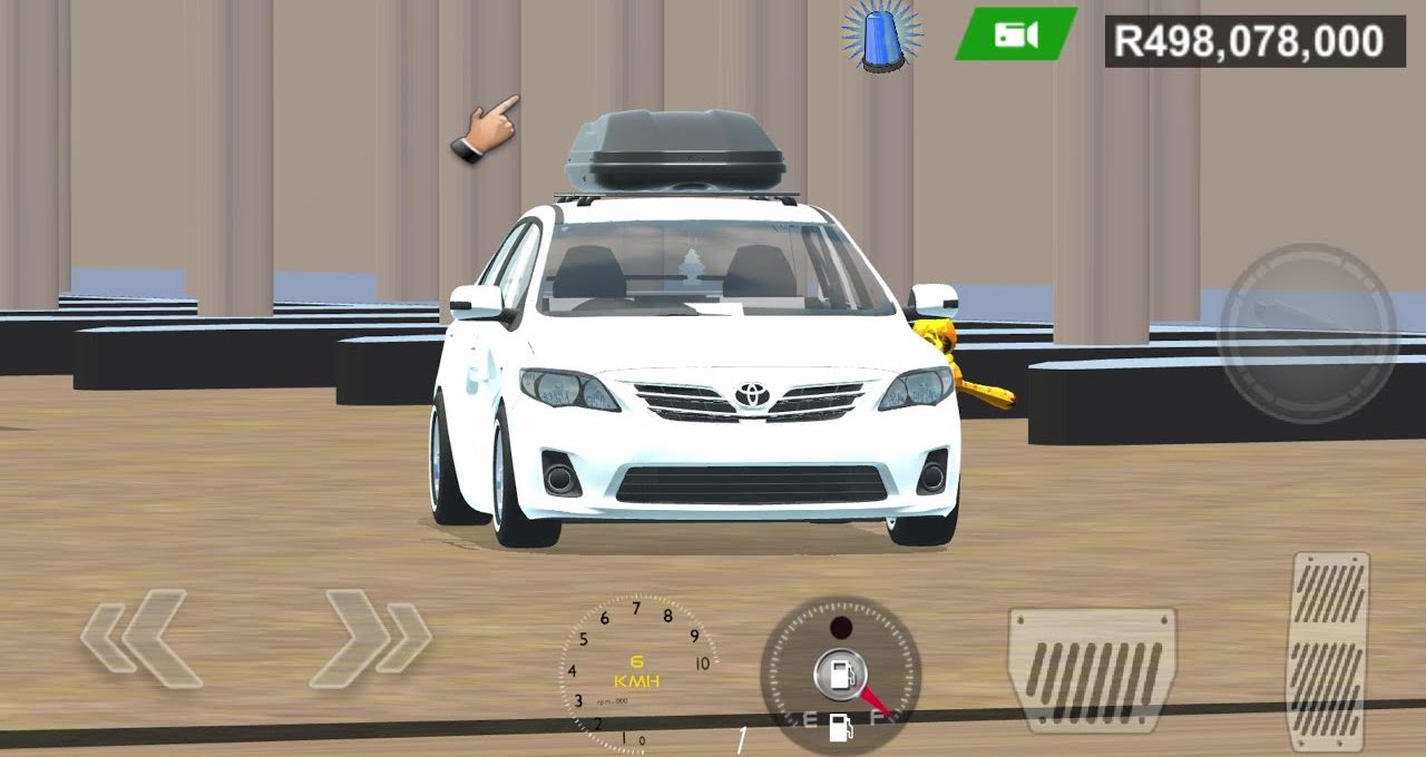 White sedan with rooftop cargo box parked in a minimalist virtual driving game scene
