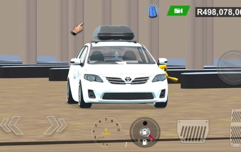 White sedan with rooftop cargo box parked in a minimalist virtual driving game scene