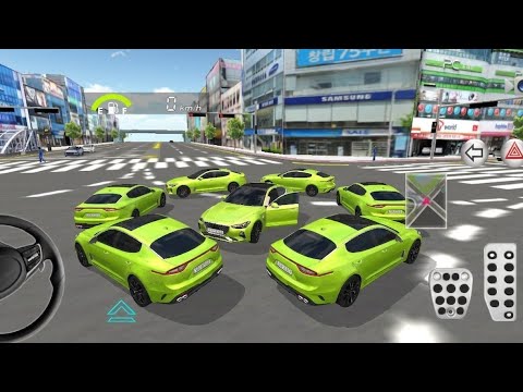 Seven lime-green sports cars parked in a city intersection under clear skies