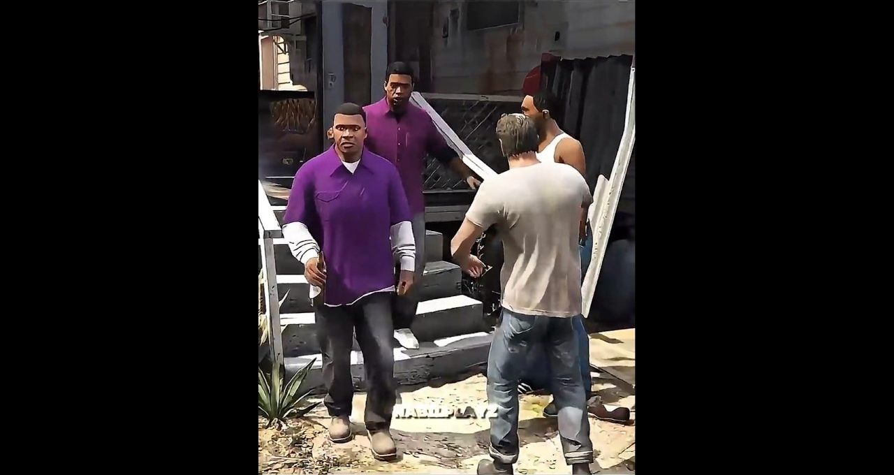 Four men stand on gritty urban steps, two wearing purple shirts and talking.