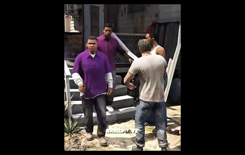 Four men stand on gritty urban steps, two wearing purple shirts and talking.