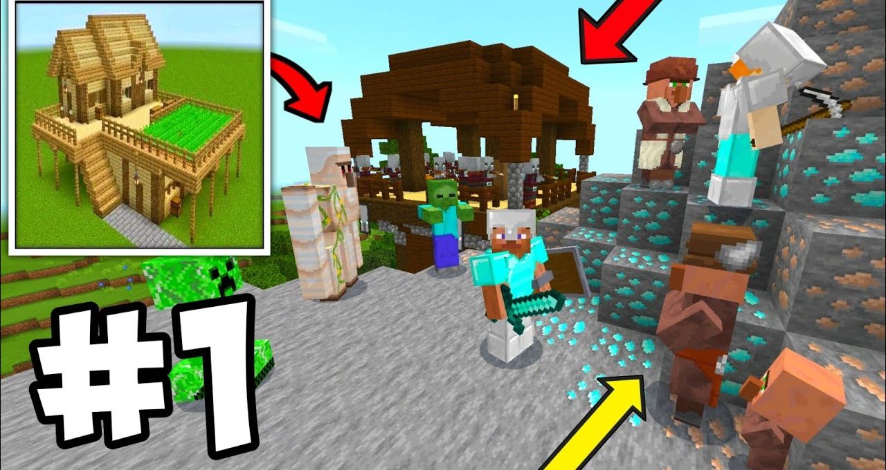 Minecraft player in diamond armor fighting mobs near villagers and a wooden structure